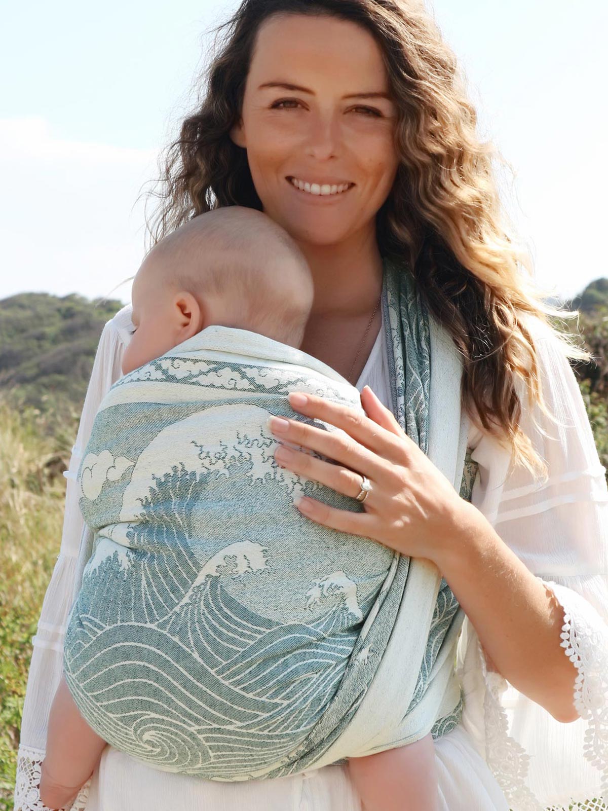 blue and white big wave pattern baby carrier wrap
