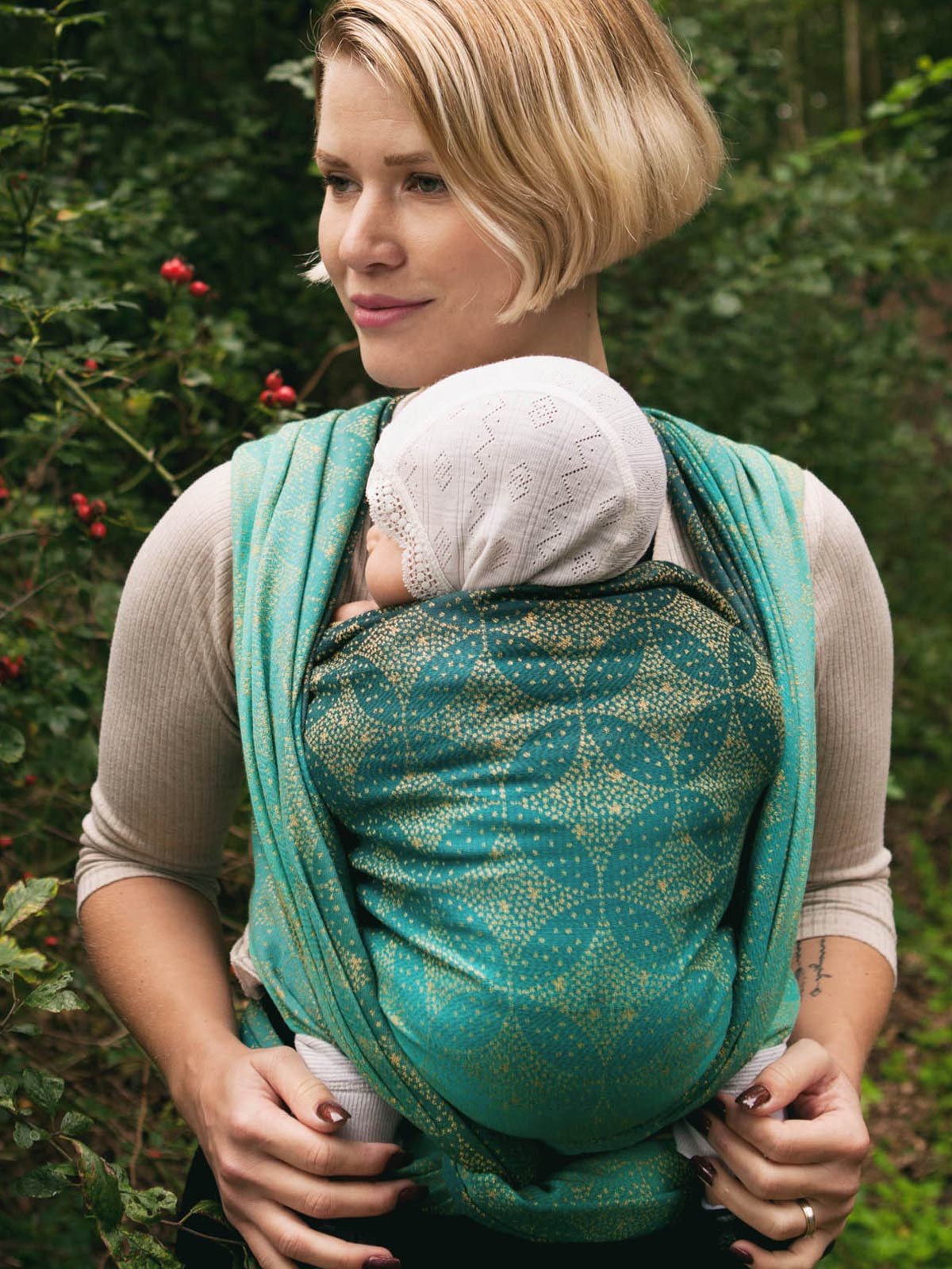 starry night gold dust oscha teal and gold baby wrap carrier