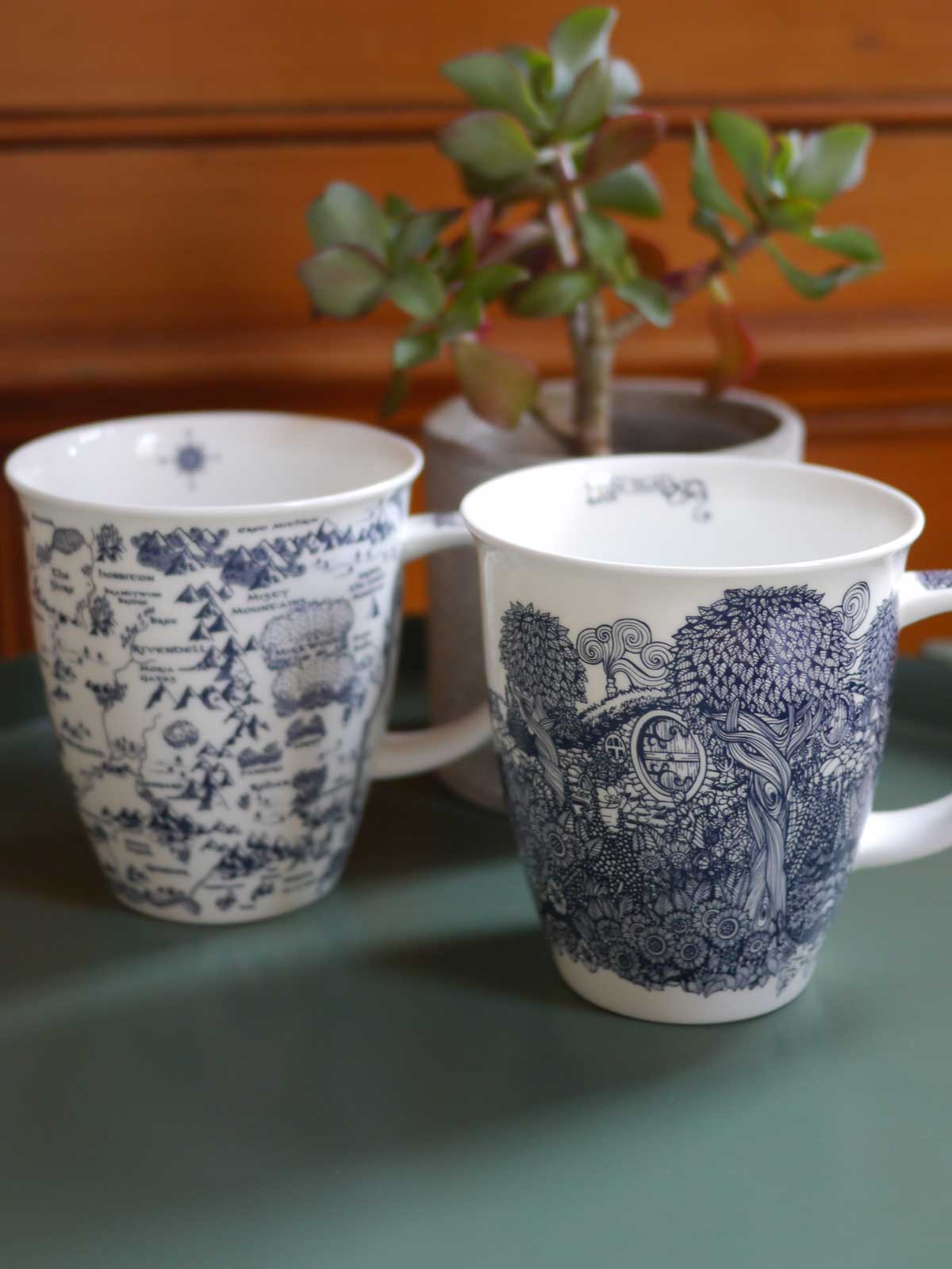 Oscha SHire and Map of Middle-earth mugs in blue print