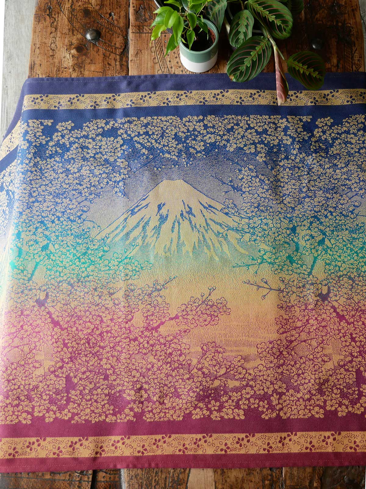 Mount Fuji design on a jewel coloured fabric