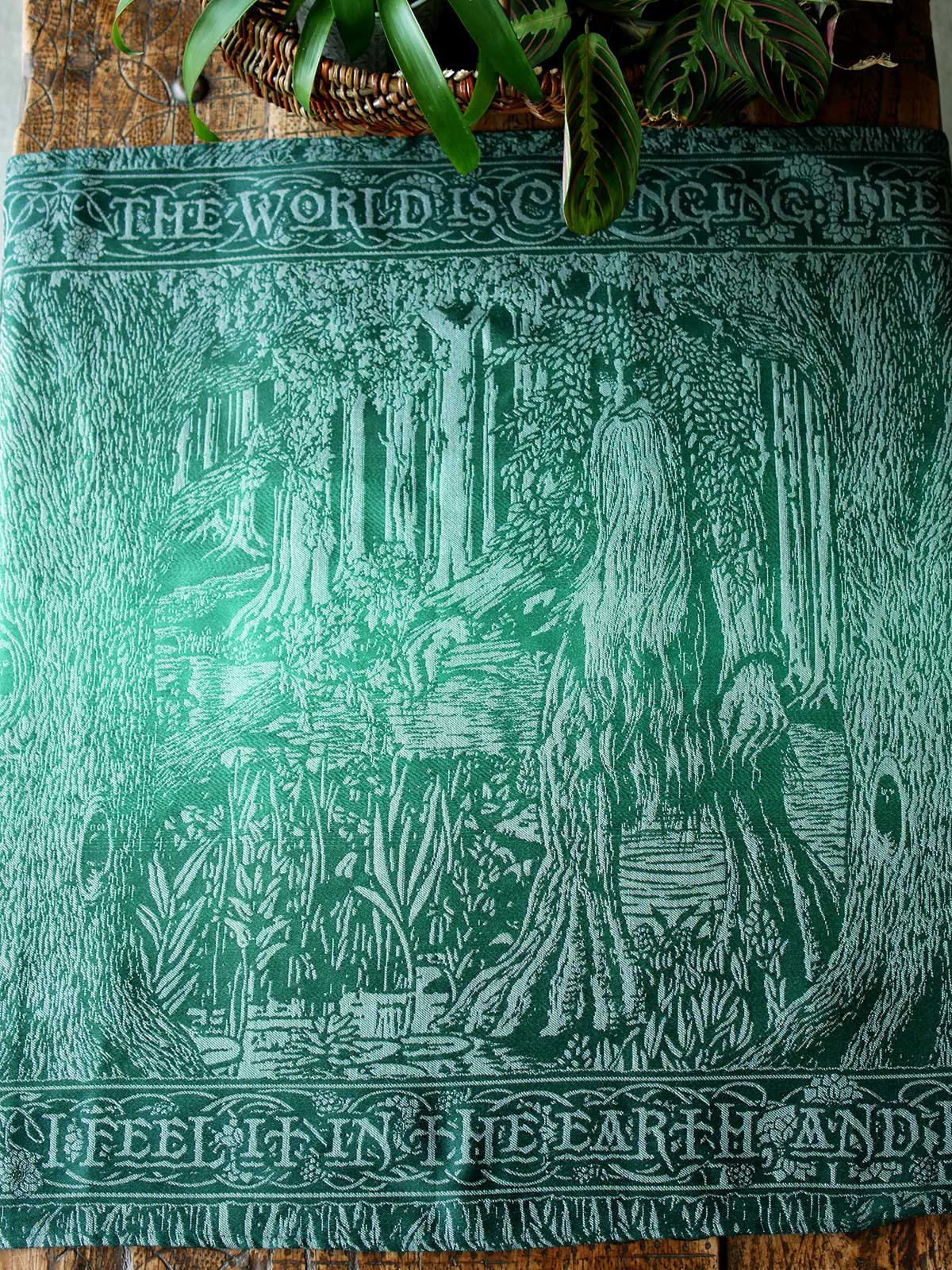 Full width view of the green scarf featuring 'Treebeard' and the quote 'The world is changing, I feel it in the earth'
