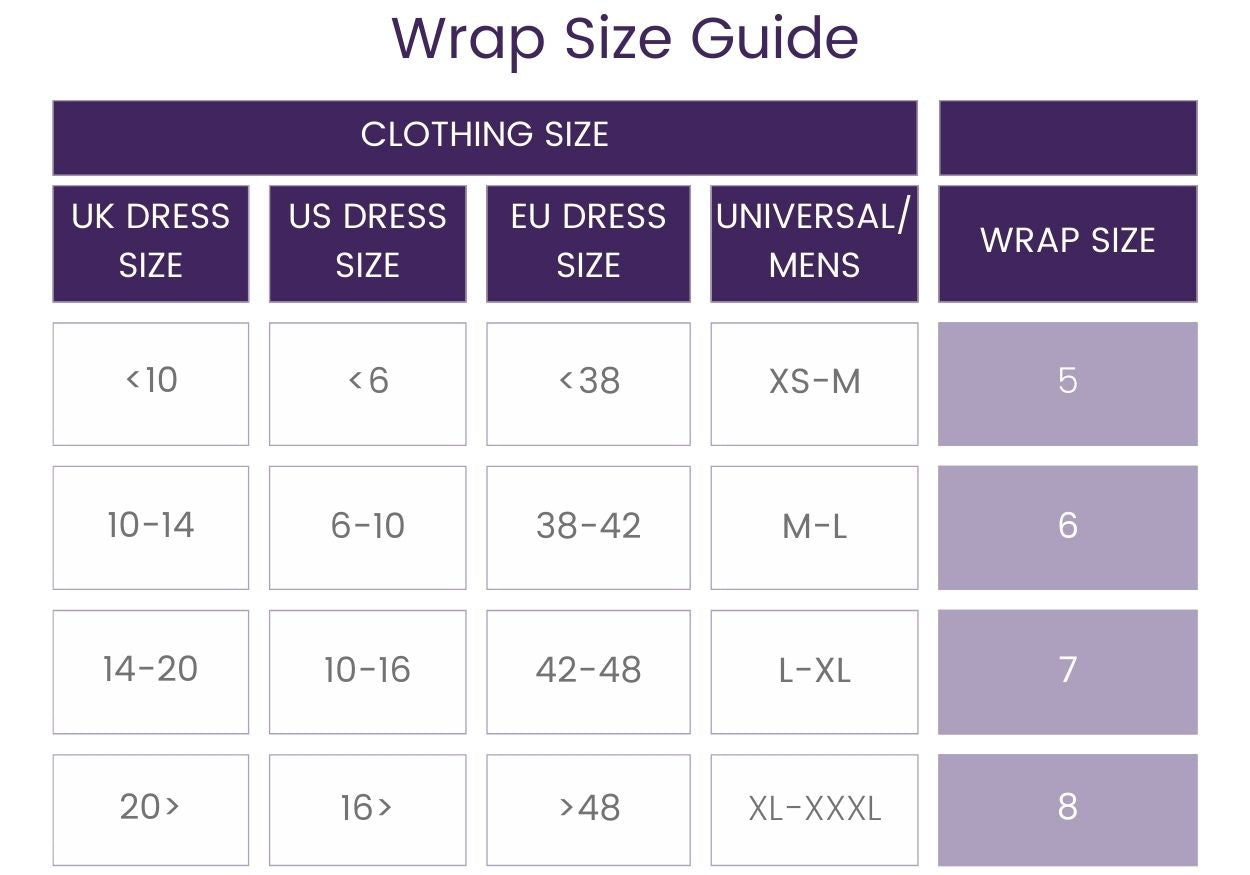 Wrap size guide comparing UK, US, EU dress sizes to wrap sizes.