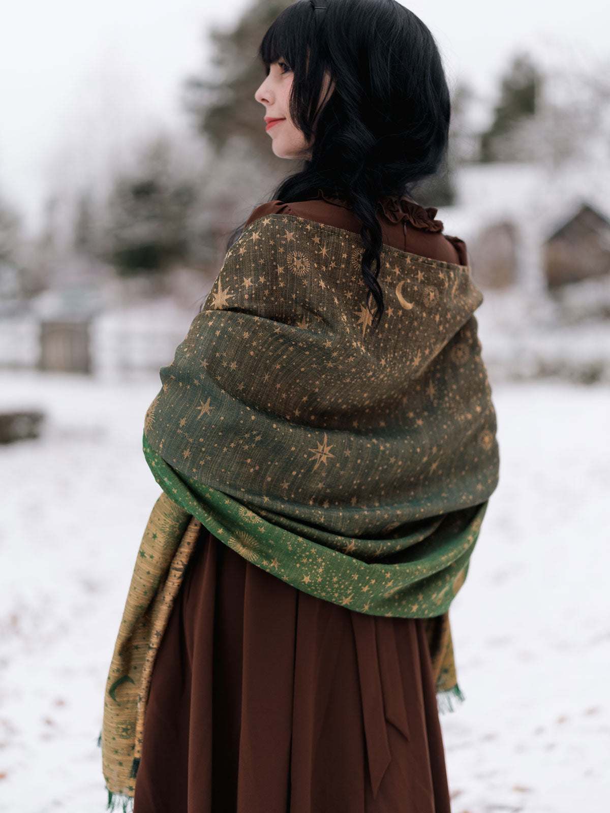 Person wearing a green and brown patterned shawl in a snowy outdoor setting