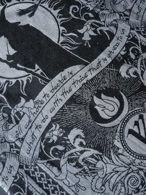 Decorative fabric with intricate patterns and text, featuring animals and symbols.