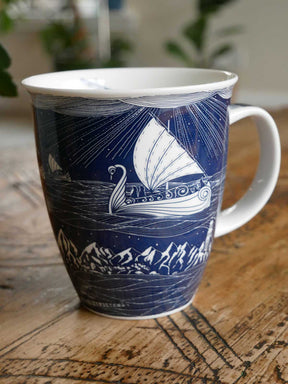 blue bone china mug with grey havens boat