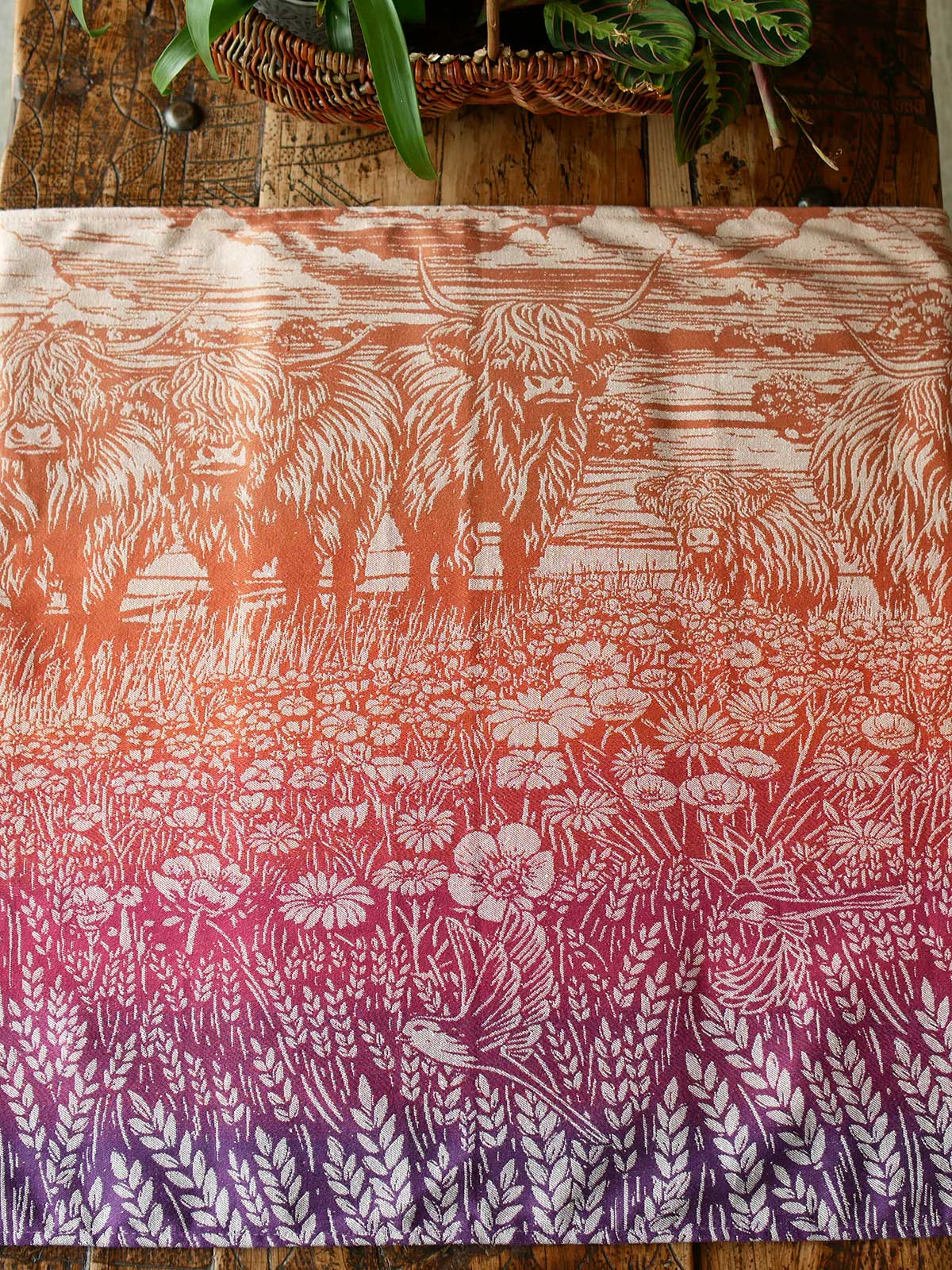 Flat lay of a colourful fabric with Highland cow pattern