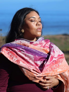 Model enjoying the sun in this The Lord of the Rings inspired shawl. 