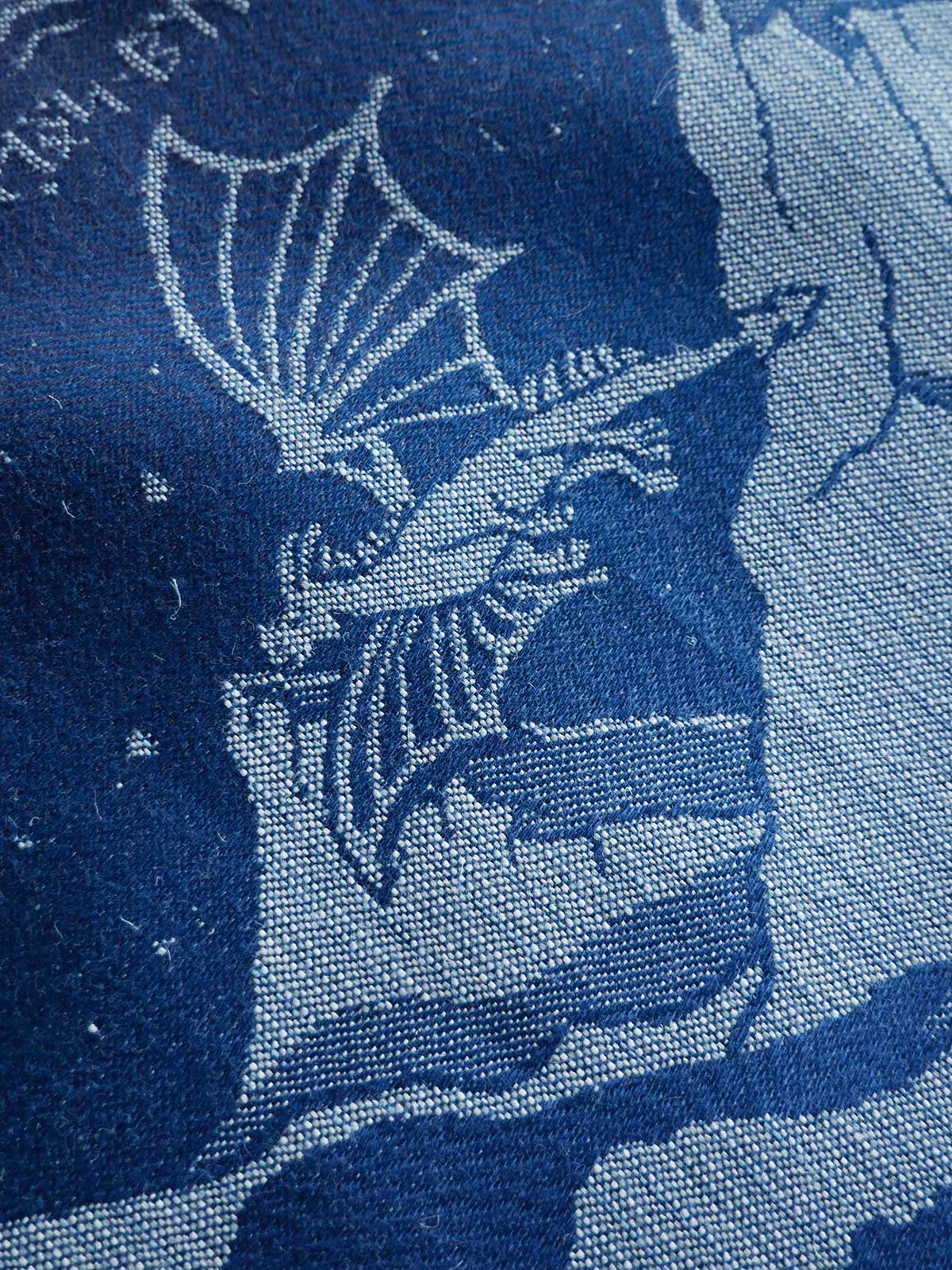 Textile pattern with dragon design on a blue background