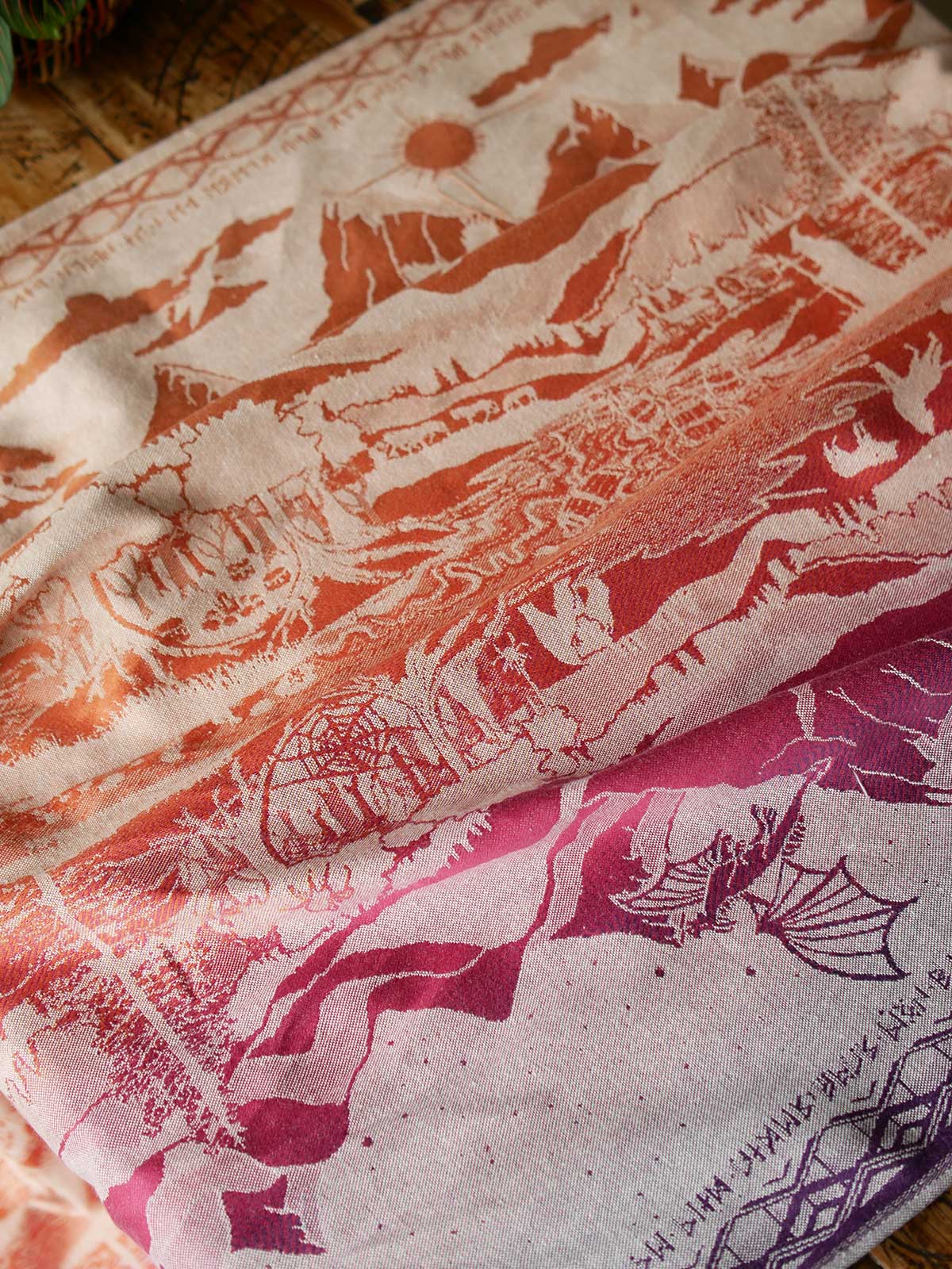 Reverse side of fabric highlighting all the elements of this Hobbit Quest design. 