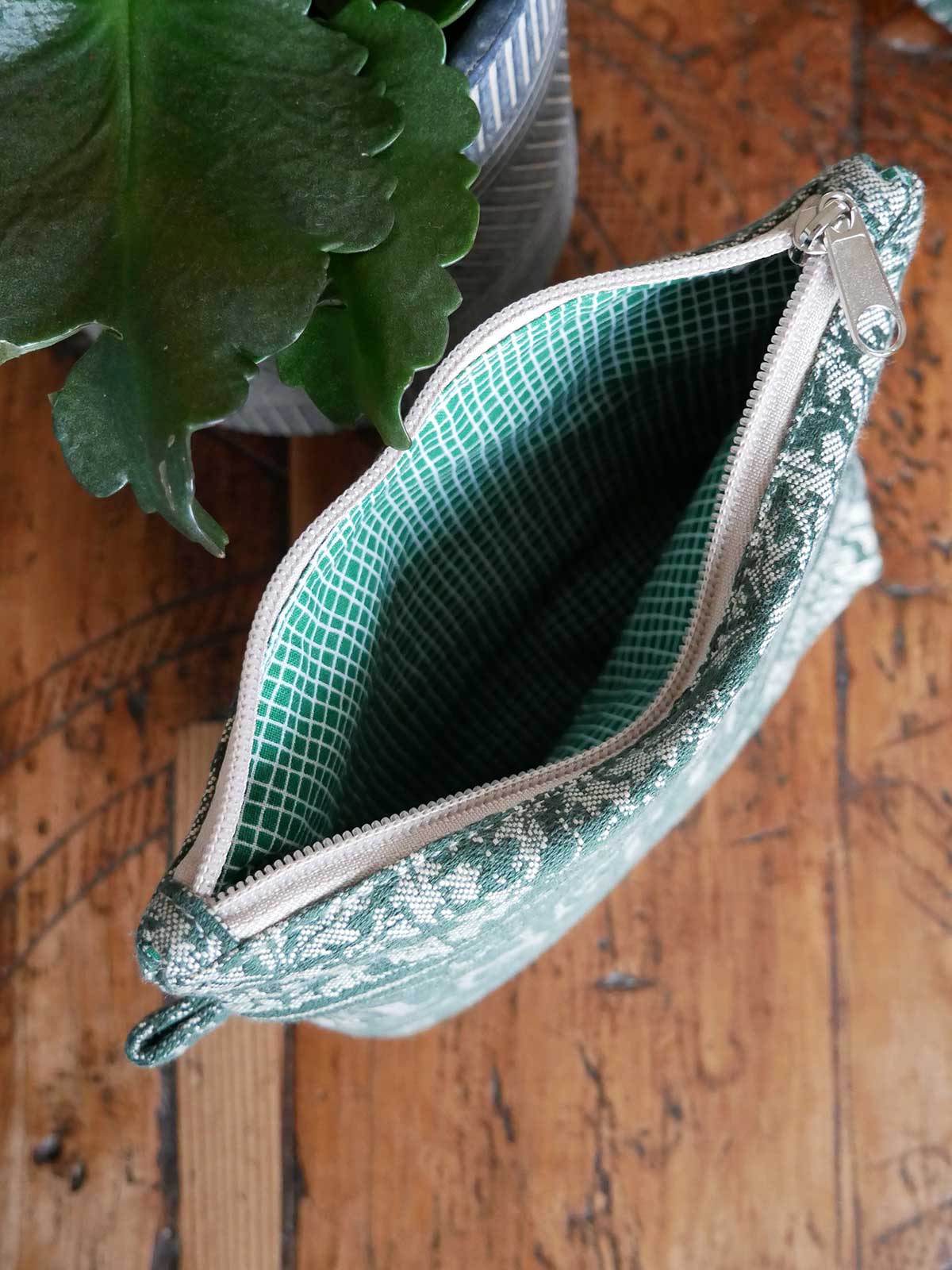 Zip pouch showing lining. 