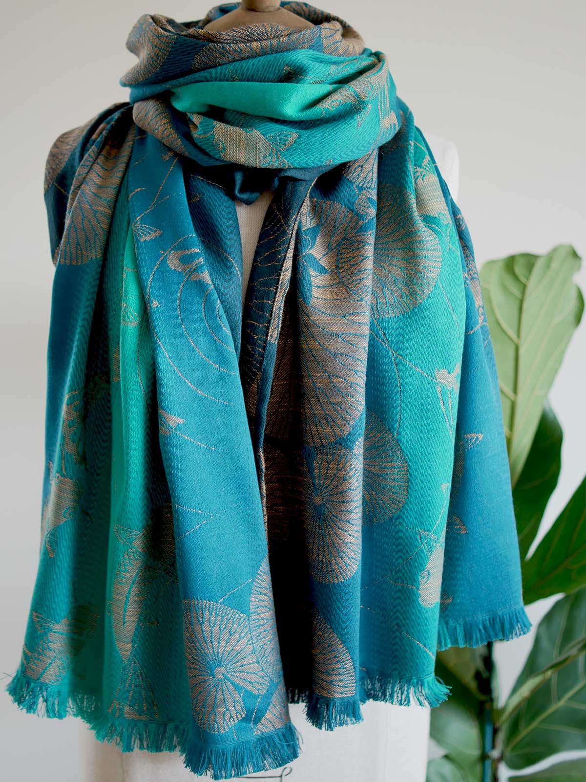 Front view of Koi Moire scarf in teal