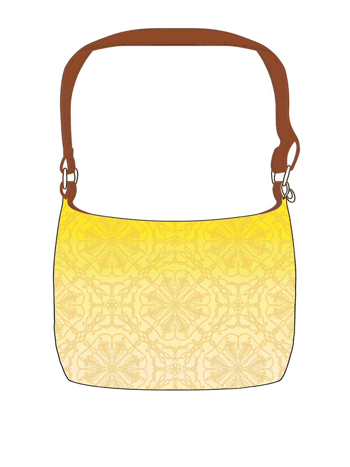 Mock up of a shoulder bag in yellow Lothlorien pattern fabric. 