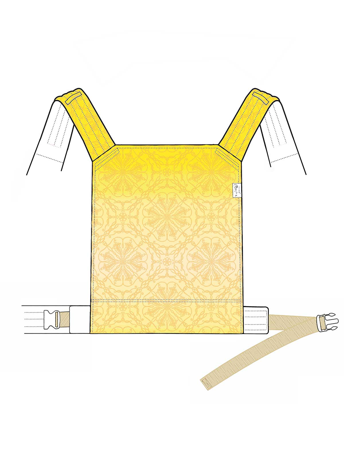 Mock up of a Cairis baby Carrier in yellow Lothlorien pattern fabric. 