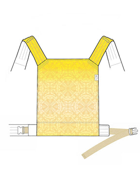 Mock up of a Cairis baby Carrier in yellow Lothlorien pattern fabric. 