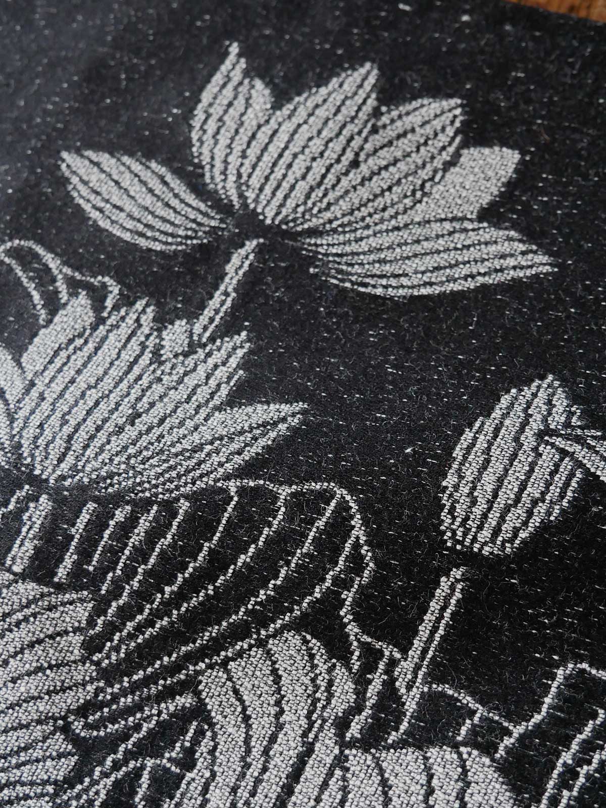 Close-up of floral pattern on a textured black fabric
