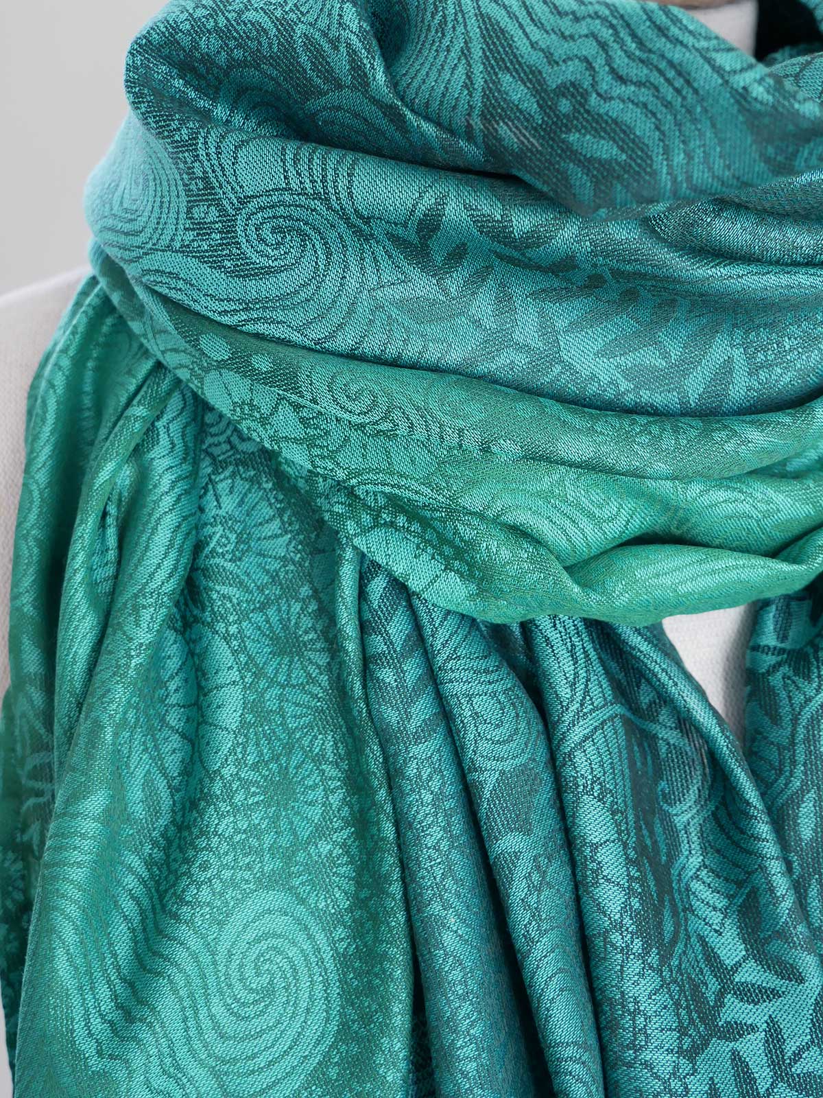 Close-up of a teal patterned scarf