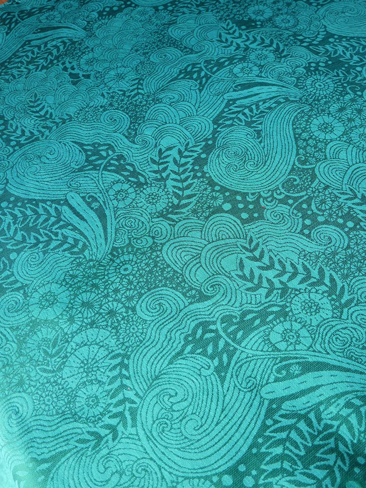 Teal fabric with intricate underwater pattern