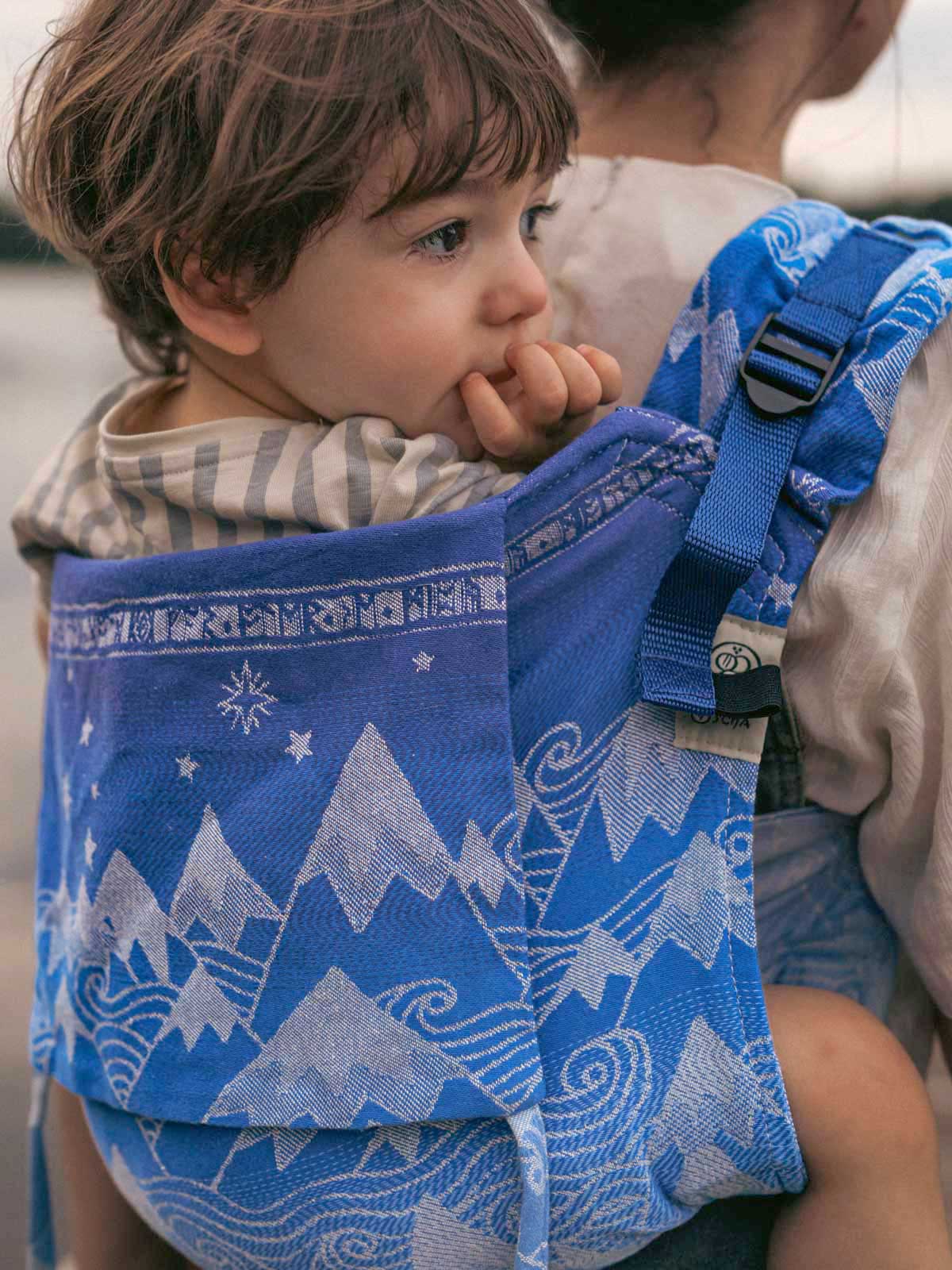 Rear view of a child in a blue Onbuhimo with mountain pattern.