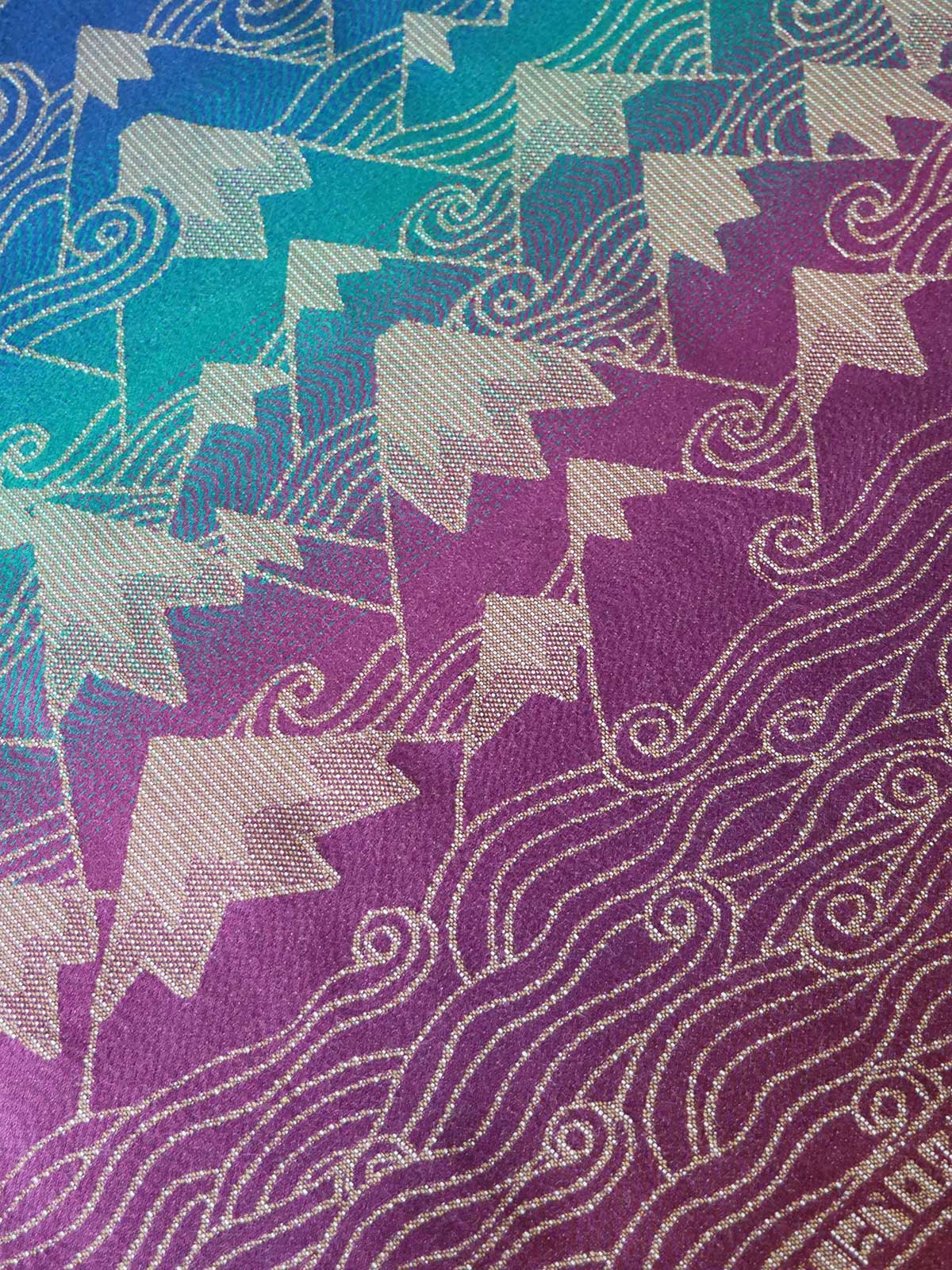 Patterned fabric with star and cloud design in purple, blue, and green.