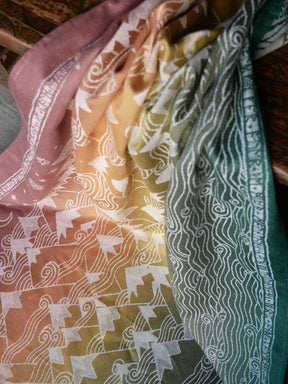 Close-up of patterned fabric with gradient in various autumnal colours.