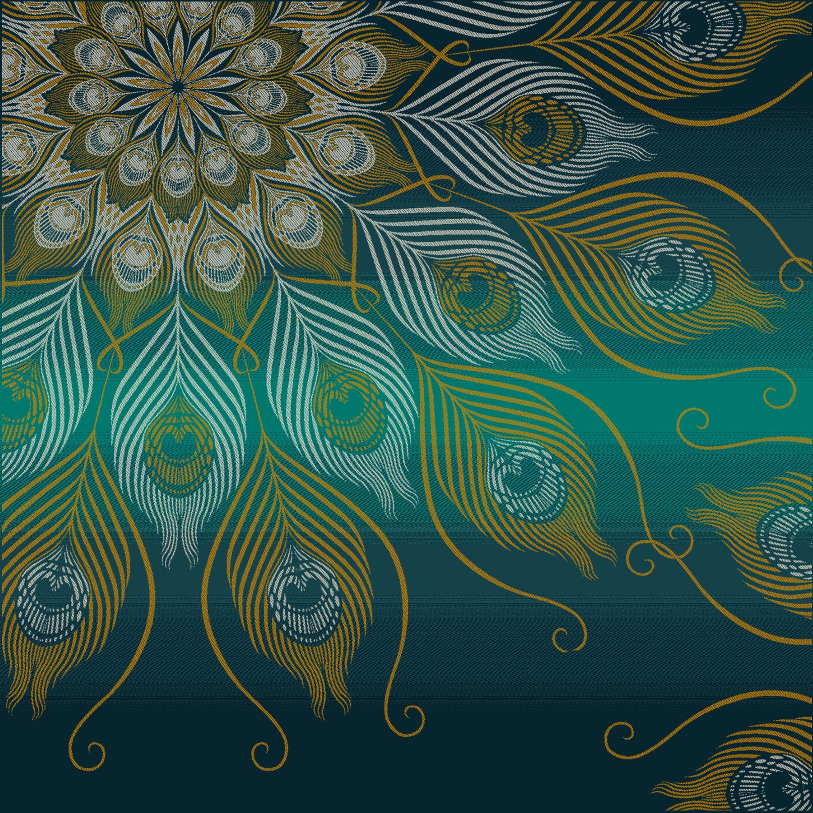Pattern of peacock feathers on a teal background