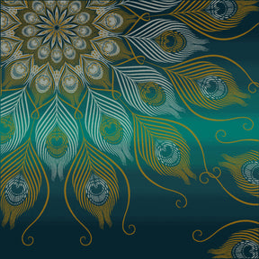 Pattern of peacock feathers on a teal background