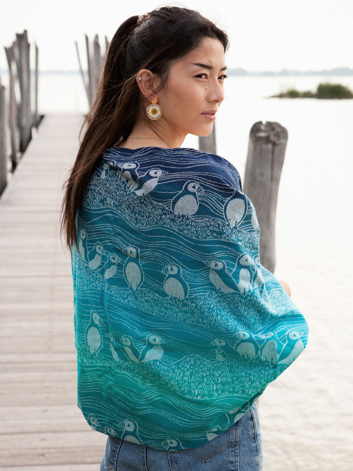 Teal Shawl with Puffins design. 