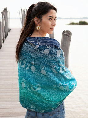 Teal Shawl with Puffins design. 