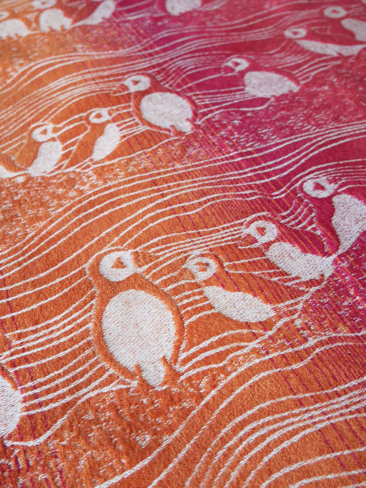 Close up of puffins wrap fabric.