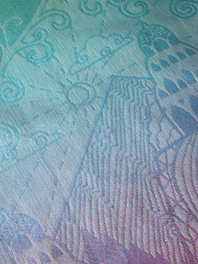 Textured fabric with abstract patterns in blue and purple tones
