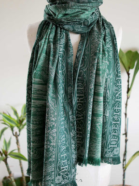 Green scarf with fringe and a The Lord of the Rings inspired 'Treebeard' design. 
