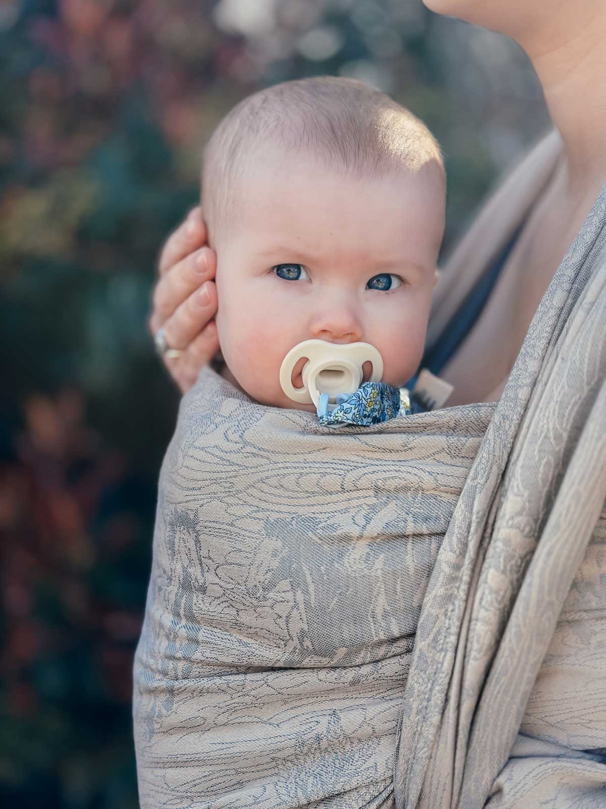 Baby in a carrier with a pacifier, surrounded by greenery